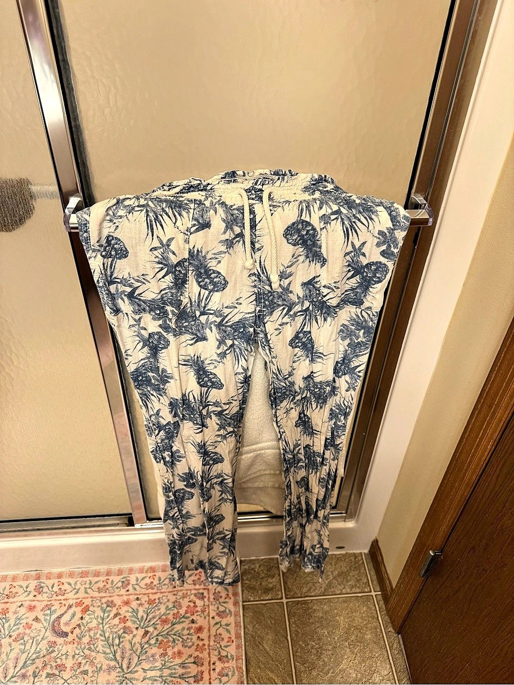 Botanical Wide Leg Pants in Cream & Blue